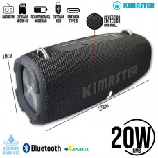 Caixa de Som Bluetooth/SD/USB/Aux/Type C TWS Portátil Bass Resistente à Água IPX6 20W RMS KIMASTER - K470 Preto Cinza